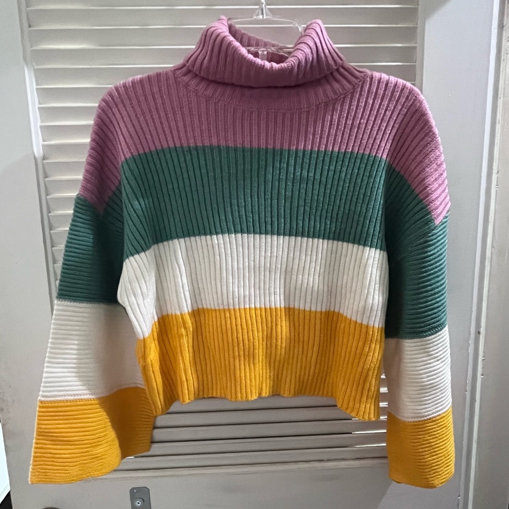 Color-block Cropped Turtleneck Sweater